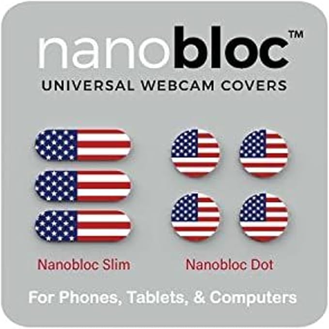 Nanobloc Universal Webcam & Phone Camera Covers - 7-Piece US Flag - Nano Suction No-Residue Reusable Dots & Bars - Webcam Cover Sticker Privacy Protection