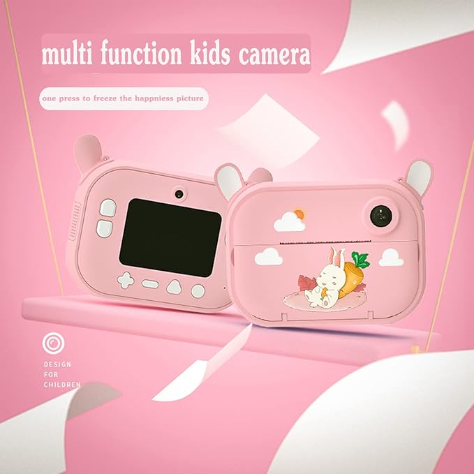 Kids Camera Instant Print Camera with 12 Rolls Refill Print Paper, Christmas Birthday Gifts for Girls Toy Pink Camera Digital Video Selfie Print That Photos Camera with 32GB TF Card