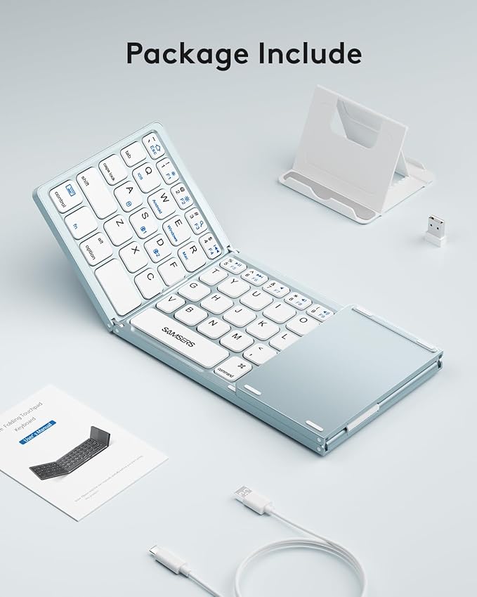 Samsers Multi-Device Foldable Bluetooth Keyboard with Touchpad, Rechargeable Dual-Mode(2.4G+BTx2) Wireless Keyboard with Holder, Portable Folding Keyboards for Android Windows iOS Mac OS - Blue