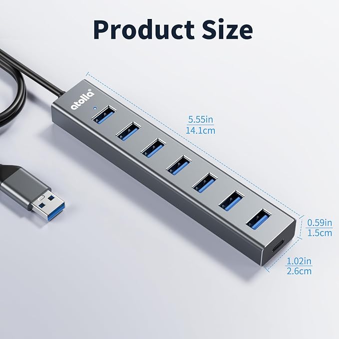 atolla Aluminum 7-Port USB 3.0 Hub with 1m Extension Cable - 5Gbps High-Speed Data Transfer for MacBook Pro, Laptop, PC, Gaming Setup-Gray