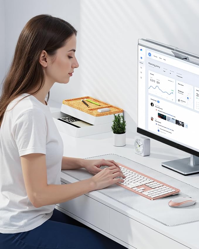 Wireless Keyboard and Mouse Combo - Full Size Slim Thin Wireless Keyboard Mouse with Numeric Keypad 2.4G Stable Connection Adjustable DPI - Rose Gold & White