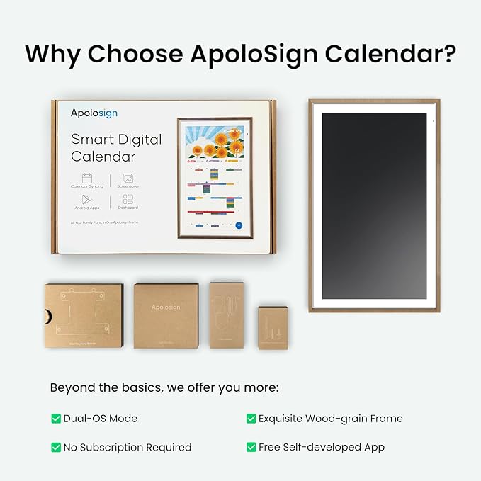 ApoloSign 21.5-inch Digital Calendar: Dual Mode Calendar with Google Play & Multi-calendar Sync, Electronic Planner & Chore Chart, Smart Touchscreen, Interactive Display for Family Schedules (Teak, 21.5")