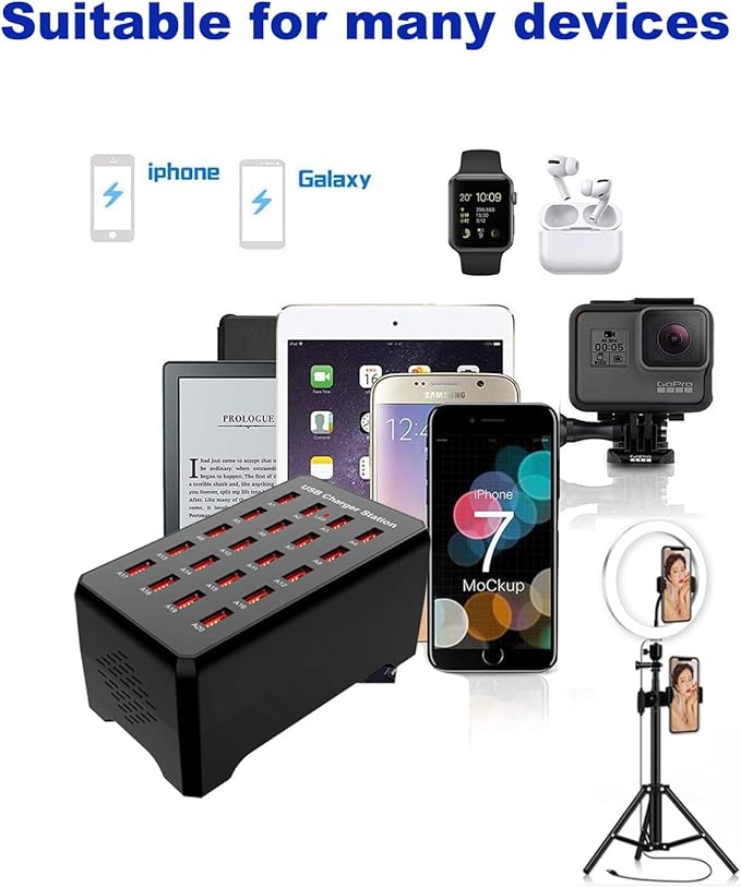 MaxLax 20-Port USB Charger Station, 100W/20A, Compatible with Smartphones, Tablets, and Other USB Devices