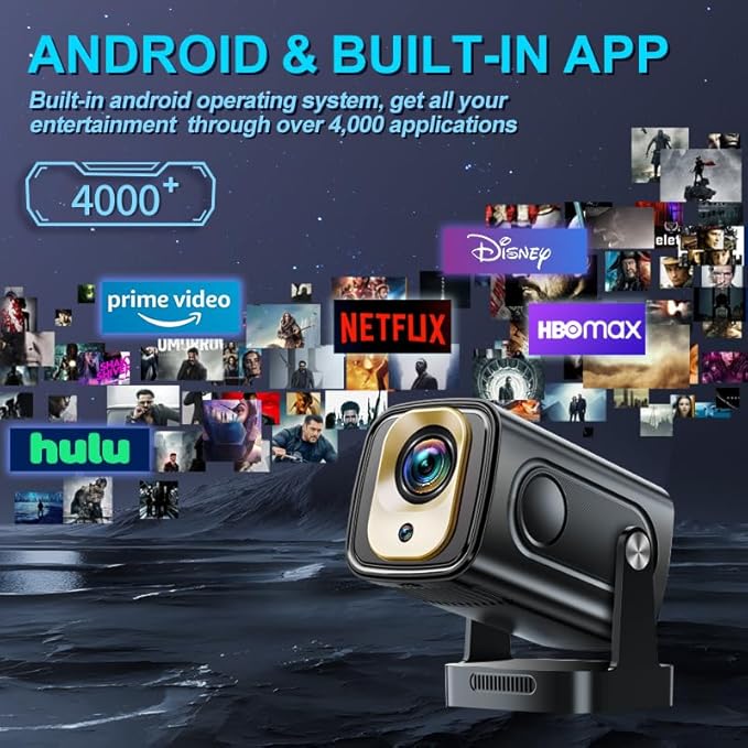 【Built-in Apps】Mini Projector 1080P with WiFi 6 and Bluetooth 5.4, 4K Full HD Projector Features Auto Focus & Keystone, Portable Projector Support 270° Rotatable, Compatible with Phone/HDMI/USB-Black