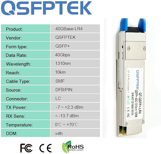 QSFPTEK 40G QSFP+ Module LC Single-Mode Transceiver 40GBASE-LR4 for Dell (DE) Networking 430-4917/407-BBGN, 4 CWDM Lanes, 10km, with DDM