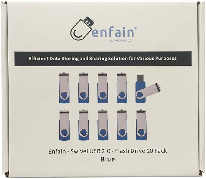 Enfain 10-Pack 32GB USB 2.0 Flash Drives – Blue Jump Drives with 12 Writable Labels, Secure Twist-Turn Design for Home, Office, School (Data Storage & File Transfer)