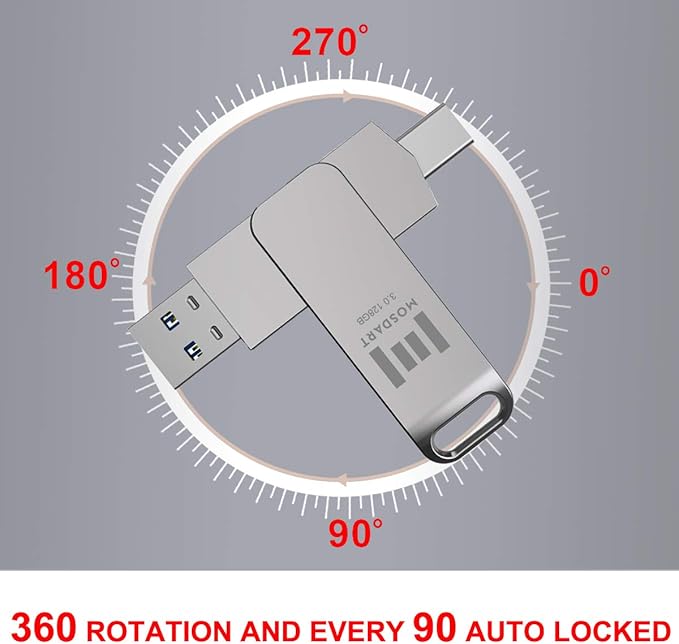 MOSDART 128GB USB3.1 Fast Speed C and A Dual Flash Drive, exFAT Memory Stick with Keychain Loop, for iPhone 15 and 16, Android Phone, iPad, MacBook, Silver(Pack of 2)