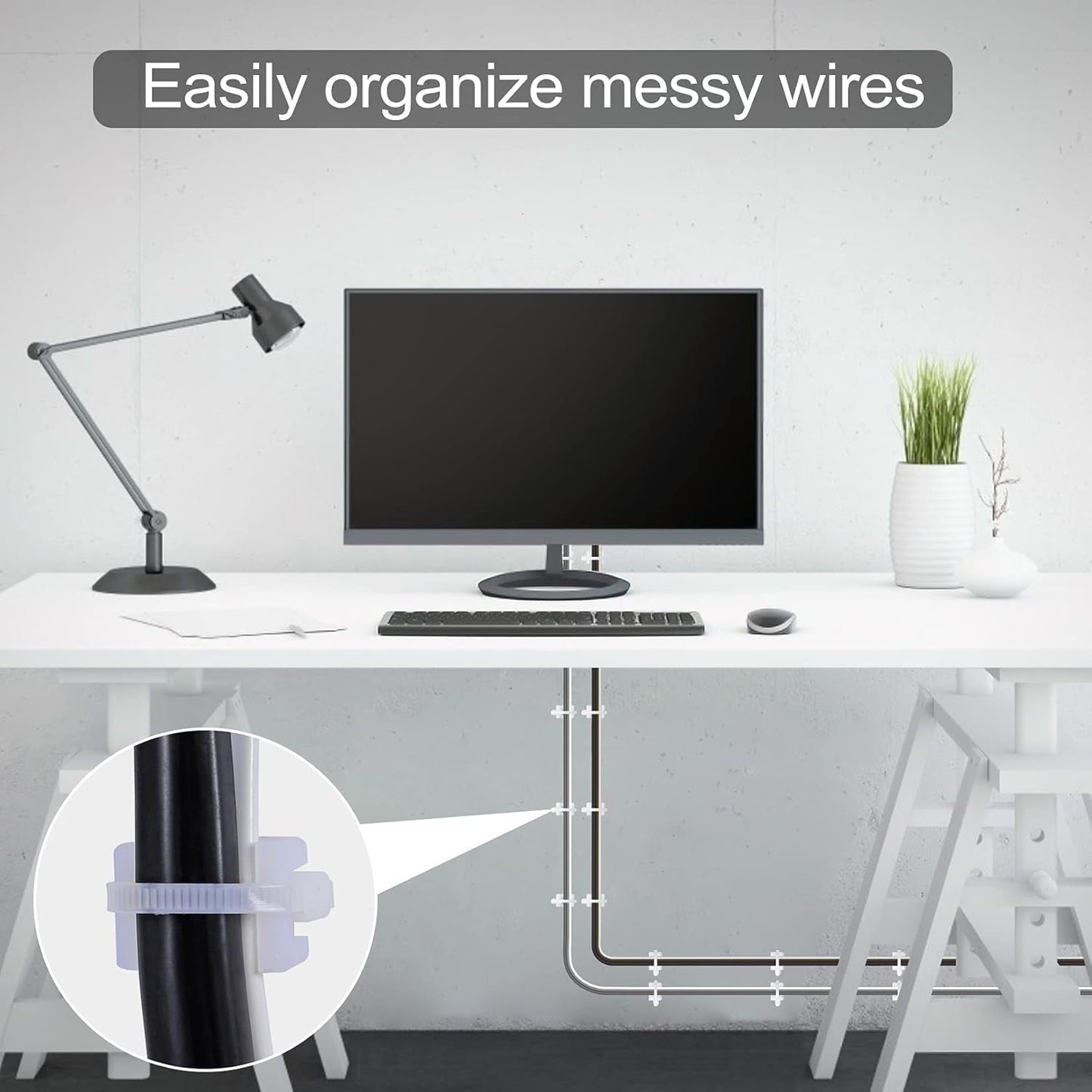 100 Pcs Cable Zip Tie Saddle Type Mounts Base with 100 Pcs 8" Cable Ties and 100 Pcs Tapping Screw, Wire Cable Clips Organizer Holders Clamps White