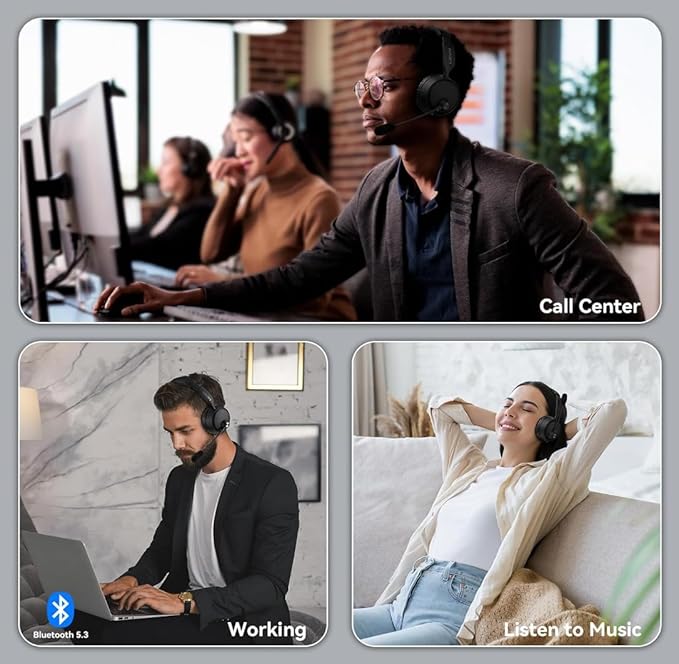 LEVN Bluetooth Headset with Microphone, 60 Hrs Working Time Dual Connection Bluetooth Headphones with Mic, Wireless Headset with Mic for Work/Video Meetings/Phone/Call Center/PC/Music/Zoom/Teams