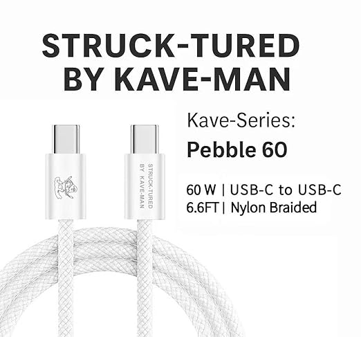 Pebble 60W USB-C to USB-C Cable – 6.6ft White | Fast Charging, Durable Nylon Braided, Universal USB-C Compatibility (ABS, White)