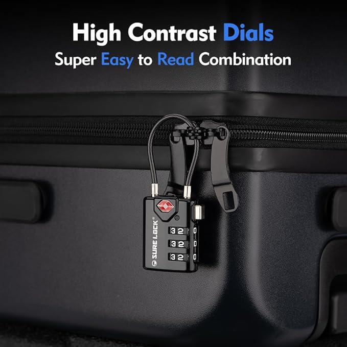 SURE LOCK TSA Compatible Travel Luggage Locks, Inspection Indicator, Easy Read Dials TSA Approved with Zinc Alloy Four Colour