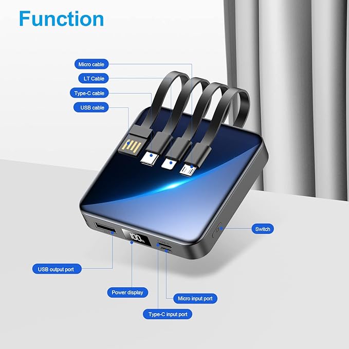 Portable Charger 12000mAh with Built-in Cables,22.5W Fast Charging Power Bank,USB C Input/Output,Smart LED Display,Compact External Battery for iPhone 15,Samsung Galaxy,iPad,Tablets