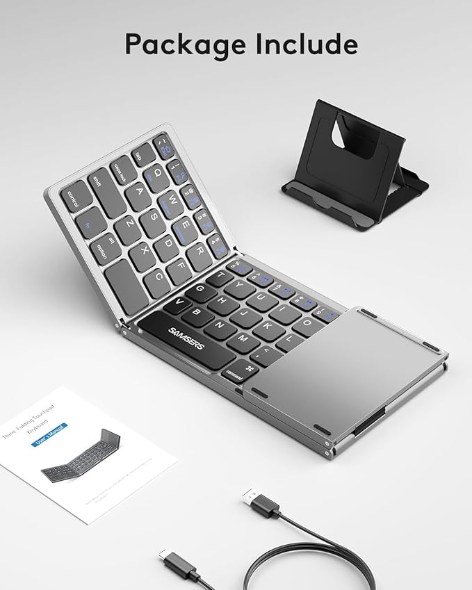 Samsers Foldable Bluetooth Keyboard with Touchpad, Portable Wireless Keyboard with Stand Holder, Rechargeable Full Size Ultra Slim Pocket Folding Keyboards for Android Windows IOS Tablet & Laptop-Gray
