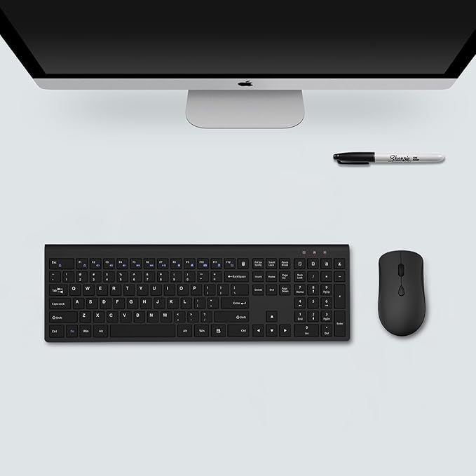 Wireless Keyboard and Mouse Combo, Silent Full-Size Computer Keyboard with Calculator Button, 2400 DPI Mice, Quiet Click, Slim Cordless USB Set for Laptop PC Windows Mac - Black