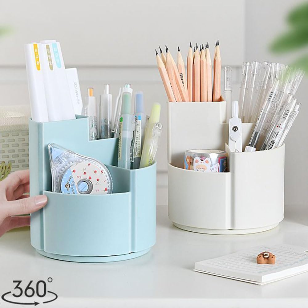 OWLFAVO Desk Pencil Pen Holder, 4 slots 360-Degree Spinning Desk Organizers, Rotating Desktop Storage Stationery Supplies for School, Home, Office, Kitchen, Makeup Brush, Ivory White