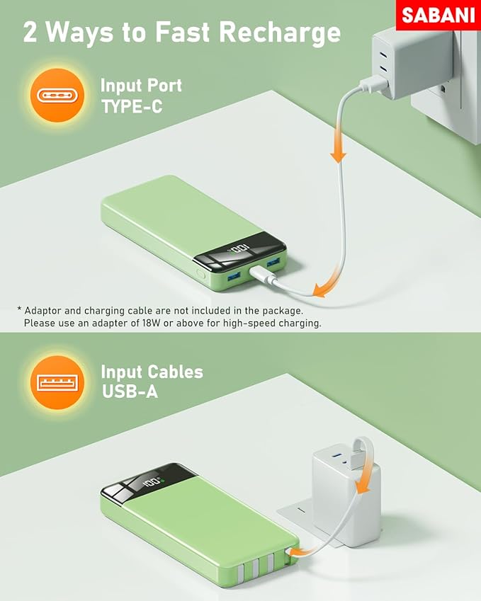 SABANI Portable Charger 35000mAh Power Bank - Portable Battery with 4 Built in Cables, 22.5W Fast Charging Battery Pack Compatible with iPhone 15 14 13 Samsung Android Cell Phone etc (1 Pack, Green)