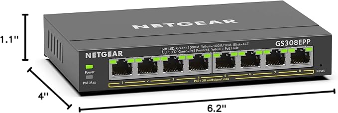 NETGEAR 8 Port PoE Gigabit Ethernet Easy Smart Managed Essentials Switch (GS308EPP) - with 8 x PoE+ @ 123W, Desktop or Wall Mount