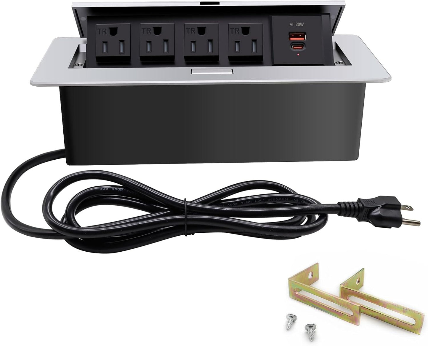 Pop up Outlet; Power Strip; Embedded countertop Outlet; 4 Power Outlets with USB-C PD 20W Fast Charging 16AWG Power Cord; Suitable for Office, Conference, Home, Book Rooms -Silver