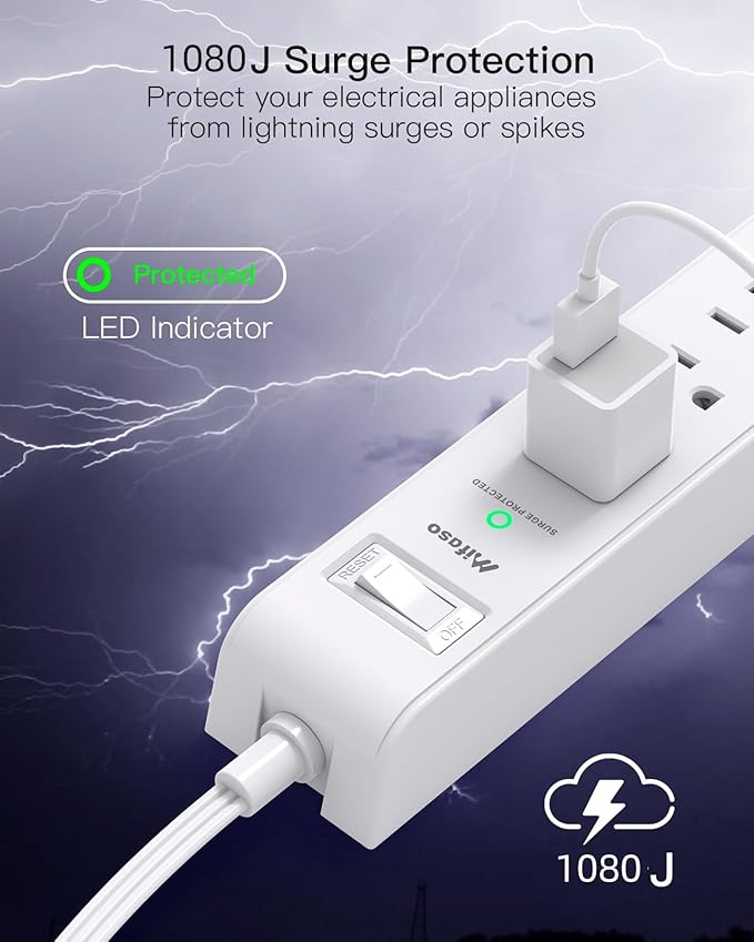 2 Pack Power Strip Surge Protector, Flat Plug Extension Cord with 4 USB Ports(2 USB-C) 6 AC Outlets, USB Charging Station, Wall Mountable for Home, Office, Dorm Essentials, 1080J, ETL Listed