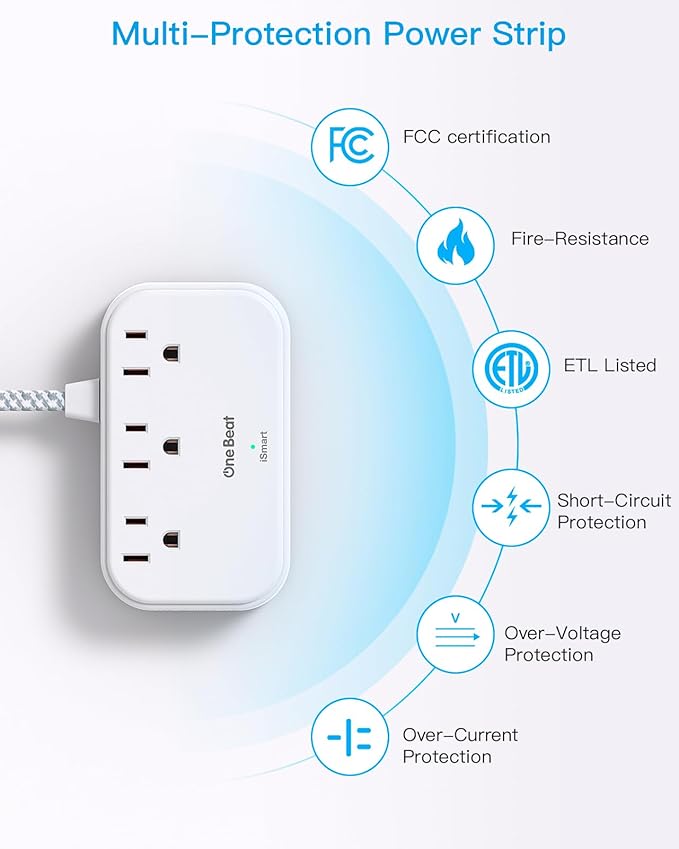 One Beat 1 Pack Cruise Essentials,5 Ft Flat Extension Cord, 3 Outlets 4 USB Ports(2 USB C) Flat Plug Power Strip,USB Charging Station with Non Surge Protector for Cruise Ship,Travel,Dorm Essentials