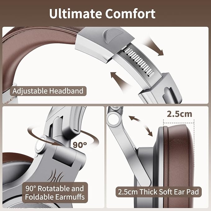 OneOdio A71 Hi-Res Studio Recording Headphones - Wired Over Ear Headphones with SharePort, Monitoring Mixing Foldable Headset with Stereo Sound, 3.5/6.35MM Jack for PC Computer DJ Guitar-Silver