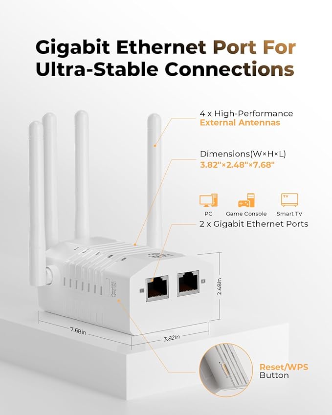 WiFi Extender Signal Booster,WiFi Extender Supports 105 Devices, 1.2Gbps Home Signal Booster,Dual Band 5GHz/2.4GHz, WiFi Booster Up to 12880 Sq.ft, EasyMesh Compatible, One Ethernet Port