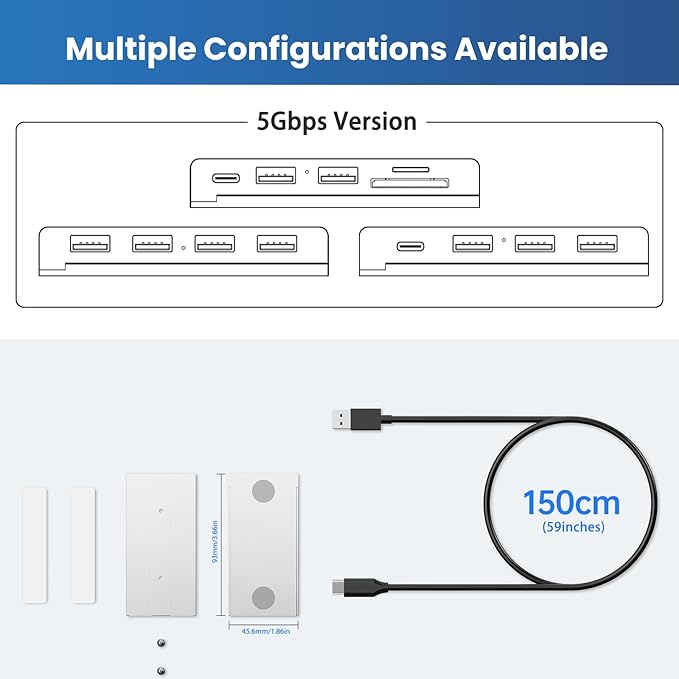 EJAY 10Gbps Magnetic USB-C Hub, 4-Port USB 3.2 Gen2 Data Transfer, Includes Sliding Rail, Screws and Sticky Pads for MacBook Laptop PC, Silver