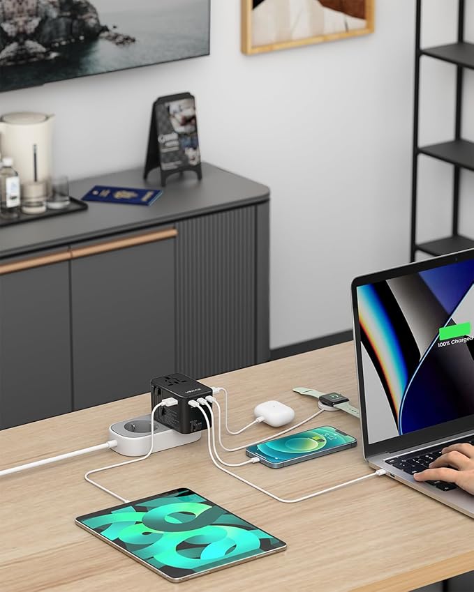 Universal Travel Adapter, VINTAR 75W GaN International Power Adapter with 3 USB C PD and 2 USB A QC, All in One Travel Essentials for UK/EU/USA/AUS, Travel Adapter Worldwide for Laptops Tablets Phones