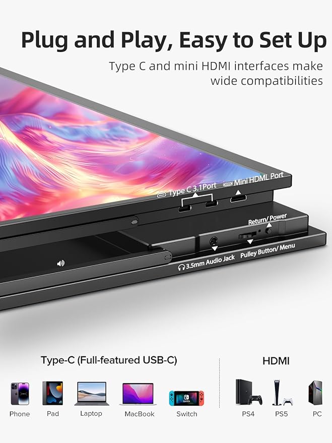 Portable Monitor 18.5 inch 120hz for Laptop, FHD 1080P Portable Gaming Monitor w/VESA Kickstand HDR Speakers USB C Mini HDMI for Phones PC Gaming Devices, Travel Second Screen for Business