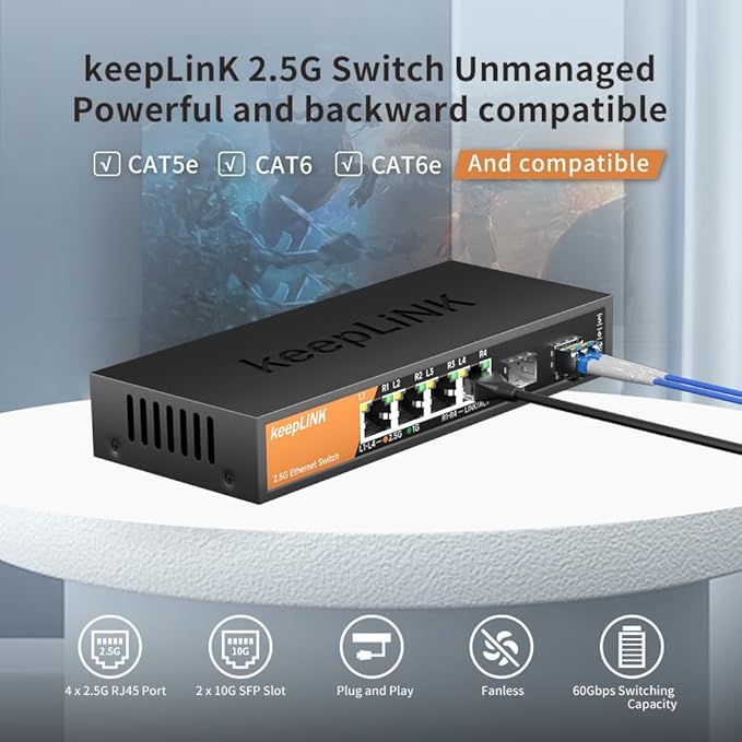6-Port 2.5G Switch Unmanaged, 4 x 2.5GBASE-T Ports & 2 x 10GBASE-T SFP Slots, 60Gbps Switching Capacity, Plug & Play/Wall Mountable/Fanless Metal, Compatible with 1000Mbps Devices