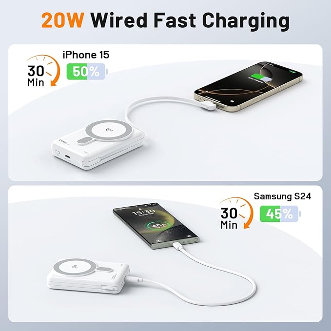 Magnetic Portable Charger 10,000mAh Qi2 Certified 15W Fast Charging Wireless Power Bank, Magsafe Battery Pack with Foldable Stand, PD20W USB C Built in Cable, for iPhone 16/15/14/13/12 Series