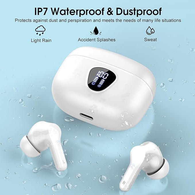 Wireless Earbuds, Bluetooth 5.4 Headphones HiFi Stereo, Bluetooth Earbuds with ENC Noise Cancelling Mic, IP7 Waterproof in Ear Earphones, 48H, LED Display Ear buds for Pad Phones Workout Sports, White