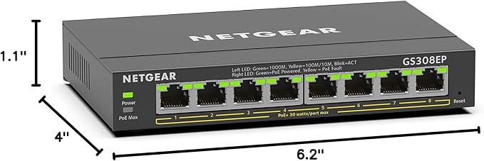 NETGEAR 8 Port PoE Gigabit Ethernet Easy Smart Managed Essentials Switch (GS308EP) - with 8 x PoE+ @ 62W, Desktop or Wall Mount