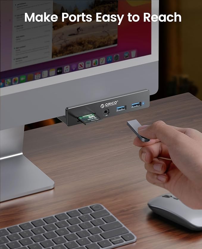 ORICO USB Hub 3.0, Clamp USB Hub with Extra Power Port, Aluminum USB C Adapter with 2 USB-A Data Ports,3.5mm AUX, SD/TF Card Reader for Desktop(Black)