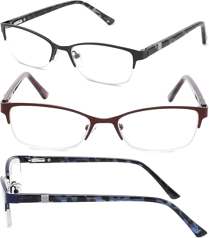 CRGATV 3-Pack Reading Glasses for Women Blue Light Blocking Metal Half Frame Computer Readers Anti UV/Eye Strain/Glare
