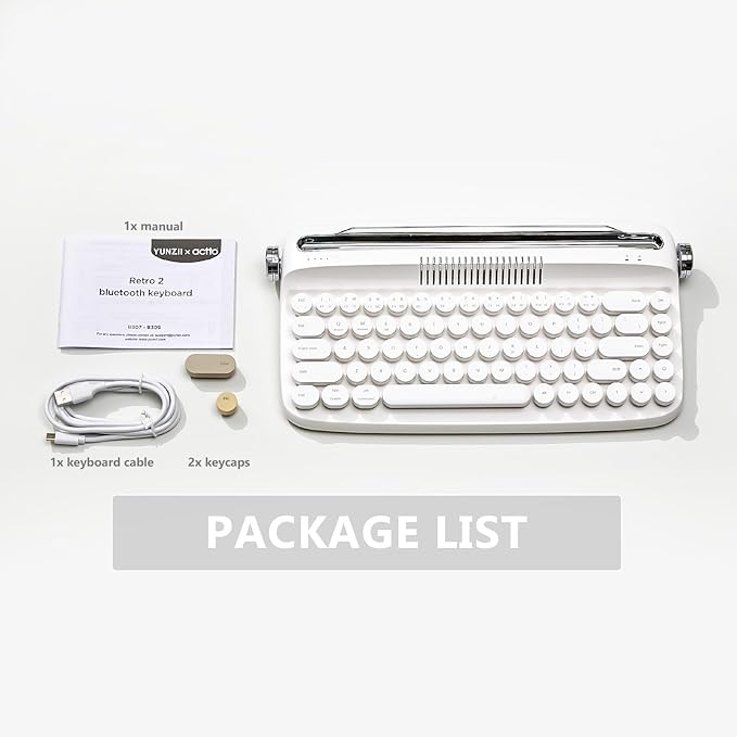 YUNZII Upgraded Wireless Typewriter Keyboard, Retro Aesthetic with Integrated Stand,Cute Round Keycaps, USB-C/Bluetooth Connection for Table, Phone, PC and Win/Mac/Android (B307, Snow White)