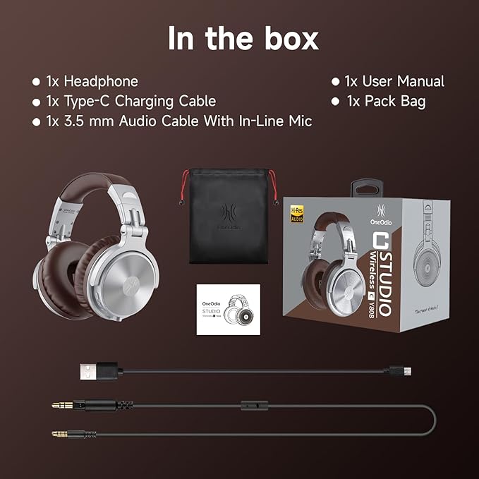 OneOdio Bluetooth Over Ear Headphones, 110 Hrs Wireless/Wired Stereo Sound Foldable Headsets with Deep Bass 50mm Neodymium Drivers for PC/Phone/Tablet - Studio Wireless Pro C, Silver