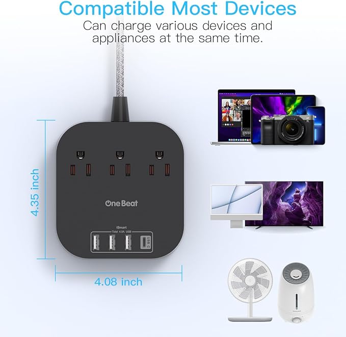 Power Strip - 10ft Long Extension Cord with USB C Ports, 3 Outlets 4 USB Desktop Charging Station, Flat Plug Power Strip Non Surge Protector for Cruise Ship, Travel Essetials, ETL Listed, Black