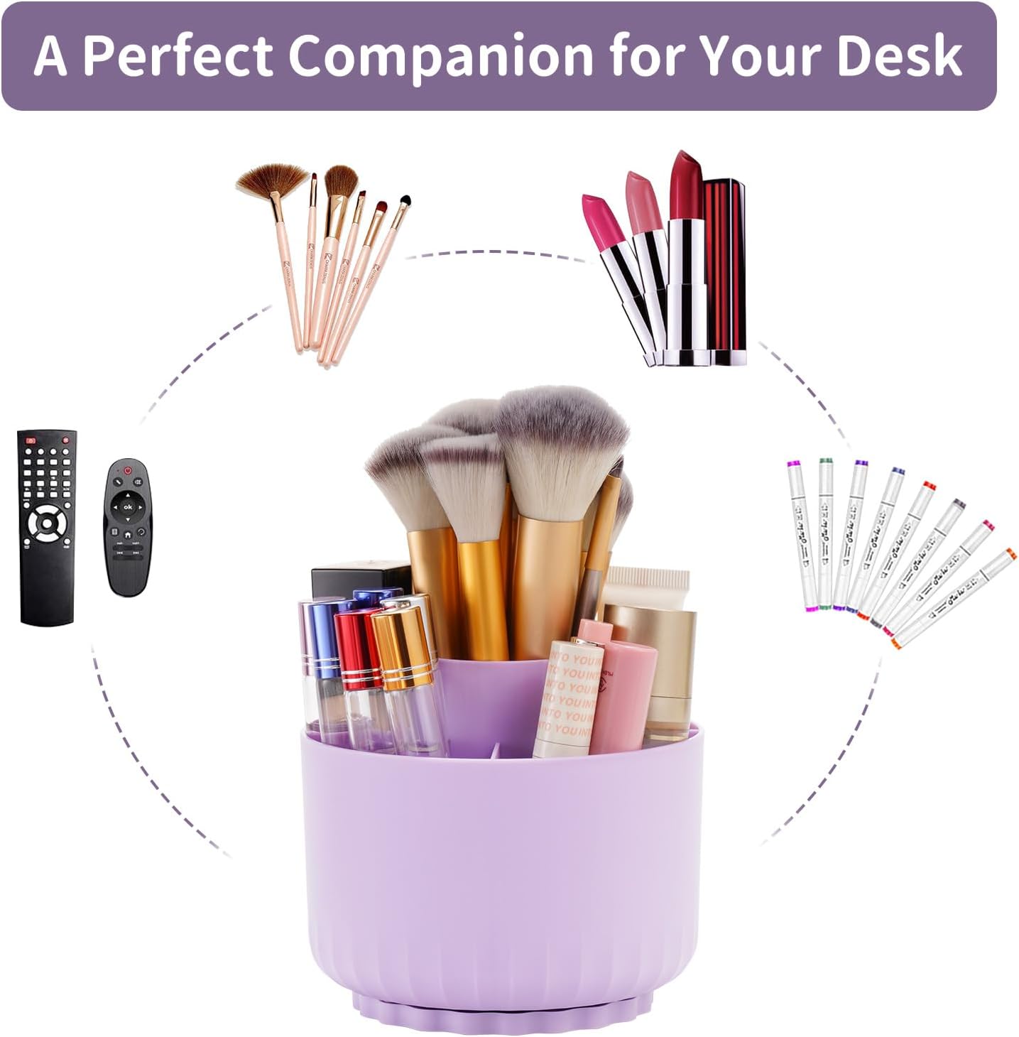 Marbrasse Desk Organizer, 360-Degree Rotating Pen Pencil Holder, Desk Organizers and Accessories with 5 Compartments Pencil Holder, Art Supply Storage Box Caddy for Office, Home(Purple)