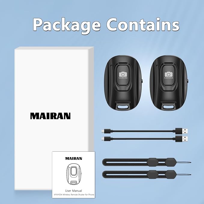 MAIRAN Rechargeable Wireless Camera Remote Shutter for iPhone and Android Smartphones,2 Pack Bluetooth Phone Remote Control,Selfie Button for Photos and Videos Charging Cable Included-Black&White