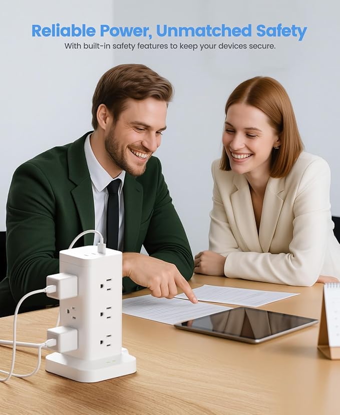 15-in-1 Power Strip Tower with Surge Protector 1800J, Fast Charging Tower PD20W USB-C Ports with 12 AC Outlets, 6ft Extension Cord for Home Office Dorm Room, White