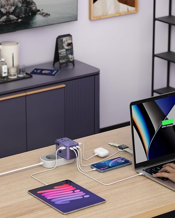 Universal Travel Adapter, VINTAR 75W GaN International Power Adapter with 3 USB-C PD and 2 USB-A QC Chrging Ports, All-in-one Outlet Converter Wall Charger for Europe UK USA AUS(Type C/G/A/I), Purple