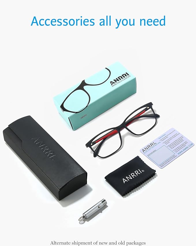 ANRRI Blue Light Blocking Glasses, Anti Eyestrain Lens Lightweight Frame Eyeglasses, Black Fream Red Temple, Men/Women…