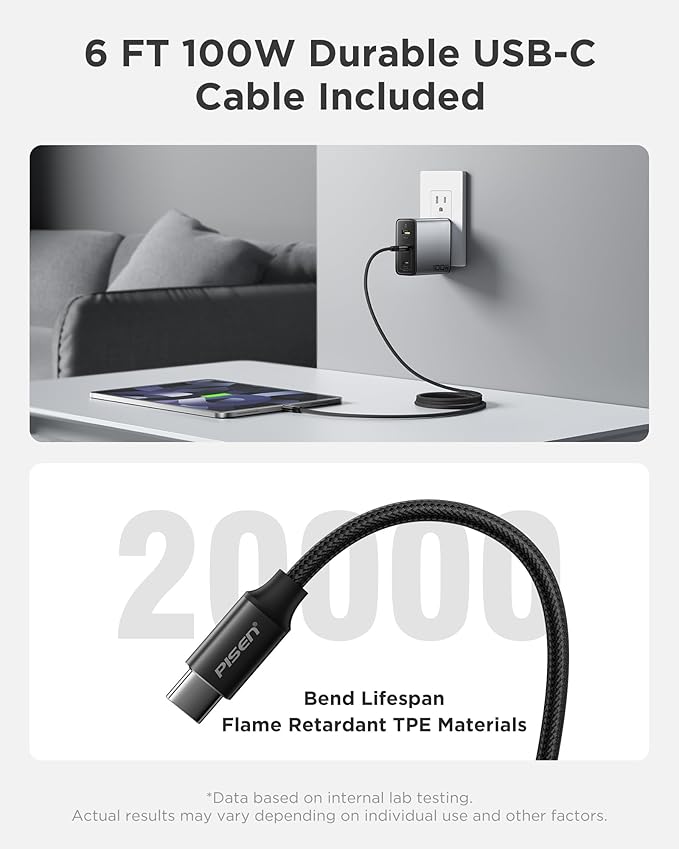 PISEN 100W USB C Charger - 3-Port 100W GaN USB C Charging Block Fast Charging, 100Watt Charging Block with 6FT Type C Cable, 100Watt Wall Charger for MacBook, iPad, iPhone, Samsung, Google Pixelbook
