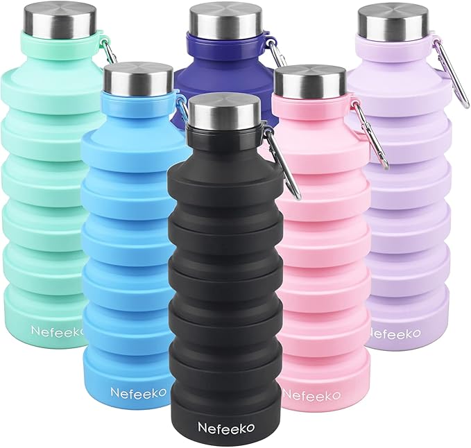 Nefeeko Collapsible Water Bottle, Reuseable BPA Free Silicone Foldable Water Bottles for Travel Gym Camping Hiking, Portable Leak Proof Sports Water Bottle with Carabiner