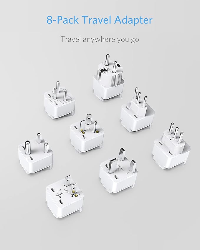 BESTEK Worldwide Travel Plug Adapter Set, Grounded Universal Power Plug Adapter for USA to US, EU, AU, UK, GE, HK and More- 8 Packs