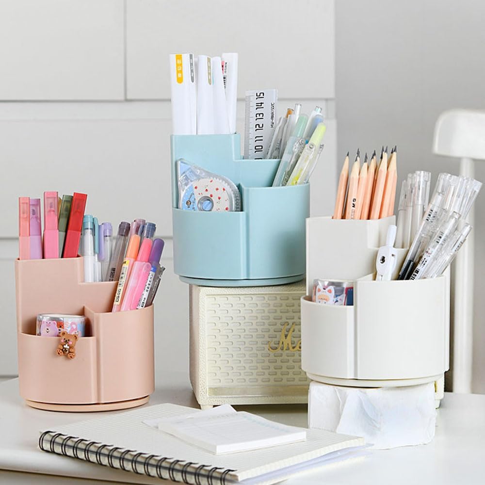 OWLFAVO Desk Pencil Pen Holder, 4 slots 360-Degree Spinning Desk Organizers, Rotating Desktop Storage Stationery Supplies for School, Home, Office, Kitchen, Makeup Brush, Dusty Pink