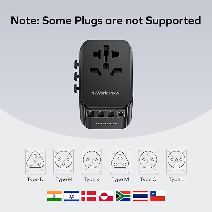 MOMAX European Travel Plug Adapter, Worldwide All in One Travel Adapter, International Power Adapter Wall Charger with 3 USB A and 1USB C Charging Ports for Travel Essentials (Type C/G/A/I)