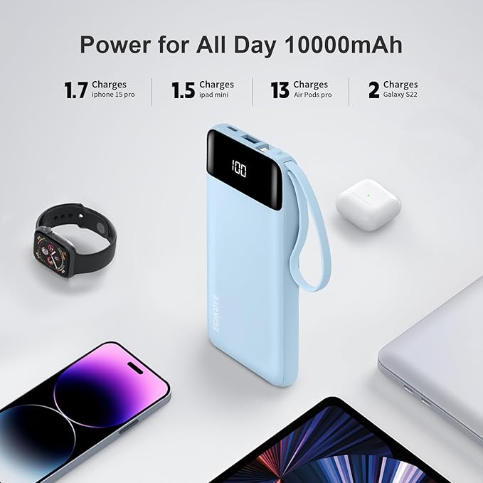 Power Bank 10000mAh Portable Charger with 4 Built-in Cables, Type-C in & Out Phone Charger, External Battery Charger Pack & Travel Essential for iPhone 16/15/14, Samsung, iPad, Android