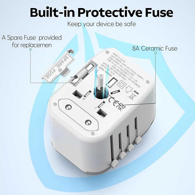 JMFONE International Power Plug Adapter, Universal Travel Adapter with 2 USB-C & 2 USB-A Ports and Multi AC Sockets, All-in-One Worldwide Travel Outlet Charger Adapter for EU US UK AU 200+ Countries